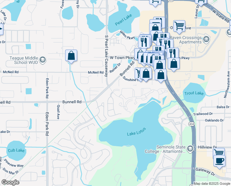 map of restaurants, bars, coffee shops, grocery stores, and more near 1070 Bunnell Road in Altamonte Springs
