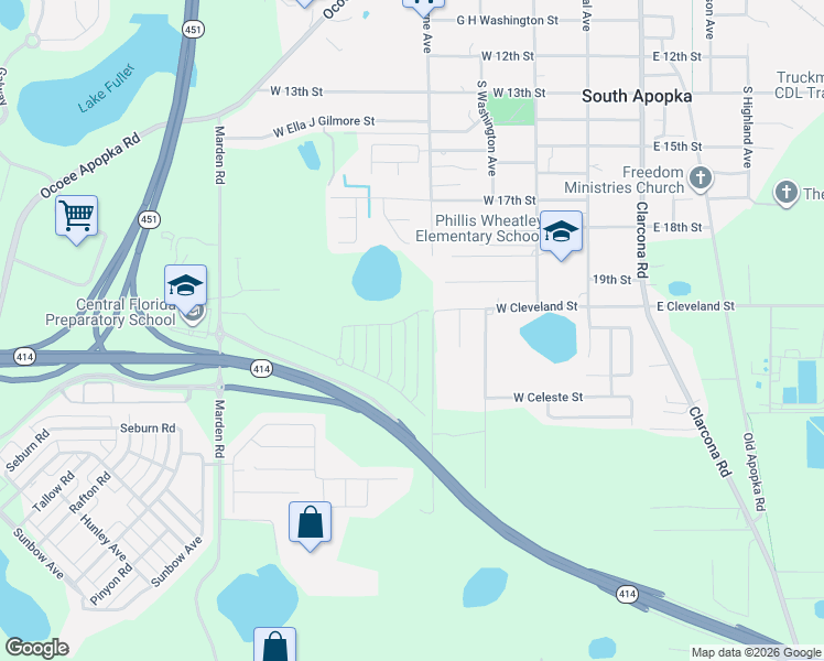 map of restaurants, bars, coffee shops, grocery stores, and more near 1890 South Hawthorne Avenue in Apopka