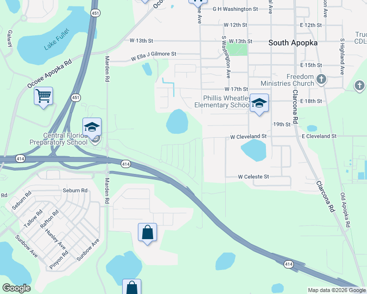 map of restaurants, bars, coffee shops, grocery stores, and more near 1890 South Hawthorne Avenue in Apopka