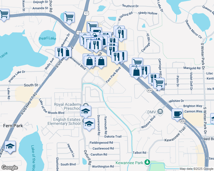 map of restaurants, bars, coffee shops, grocery stores, and more near 216 Postal Lane in Fern Park