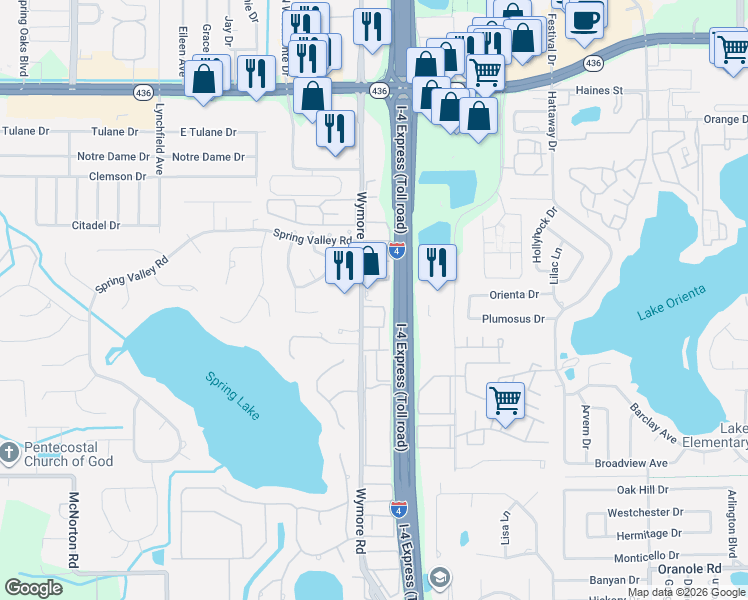 map of restaurants, bars, coffee shops, grocery stores, and more near 425 Wymore Road in Altamonte Springs