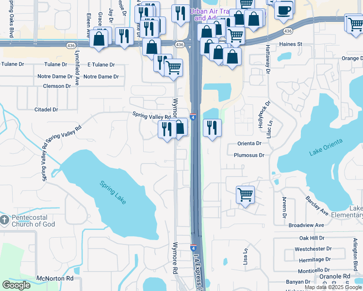 map of restaurants, bars, coffee shops, grocery stores, and more near 455 Wymore Road in Altamonte Springs