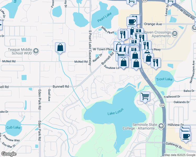 map of restaurants, bars, coffee shops, grocery stores, and more near 1070 Bunnell Road in Altamonte Springs