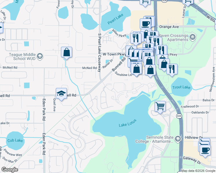 map of restaurants, bars, coffee shops, grocery stores, and more near 1036 Bonaire Drive in Altamonte Springs