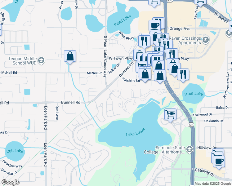 map of restaurants, bars, coffee shops, grocery stores, and more near 1070 Bunnell Road in Altamonte Springs