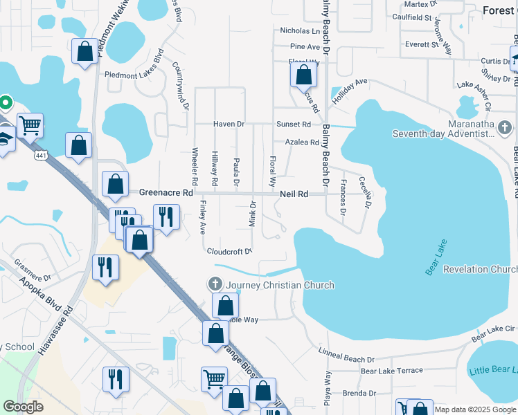 map of restaurants, bars, coffee shops, grocery stores, and more near 2725 Alamosa Court in Apopka