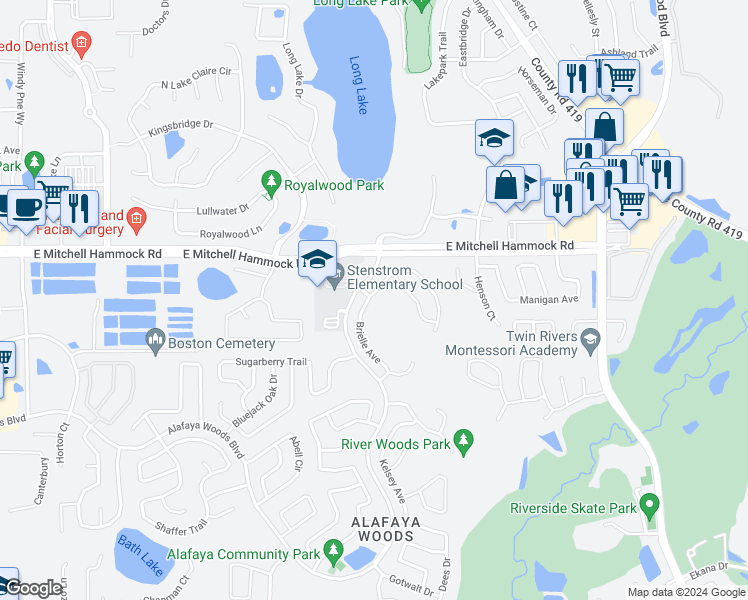 map of restaurants, bars, coffee shops, grocery stores, and more near 1044 Brielle Avenue in Oviedo
