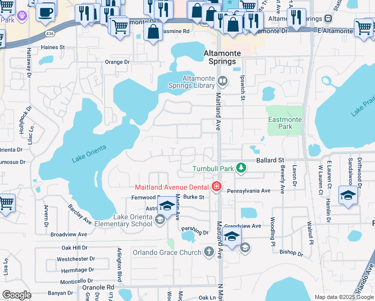 map of restaurants, bars, coffee shops, grocery stores, and more near 617 Red Oak Circle in Altamonte Springs