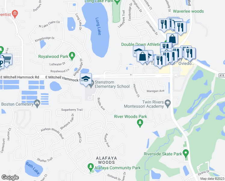 map of restaurants, bars, coffee shops, grocery stores, and more near 1010 Vannessa Drive in Oviedo