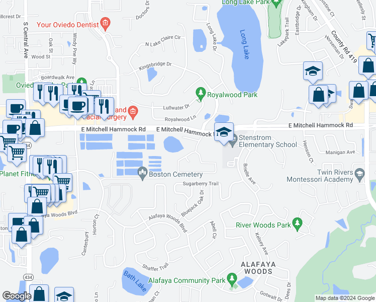 map of restaurants, bars, coffee shops, grocery stores, and more near 1370 Lake Rogers Circle in Oviedo