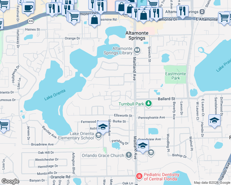map of restaurants, bars, coffee shops, grocery stores, and more near 617 Red Oak Circle in Altamonte Springs