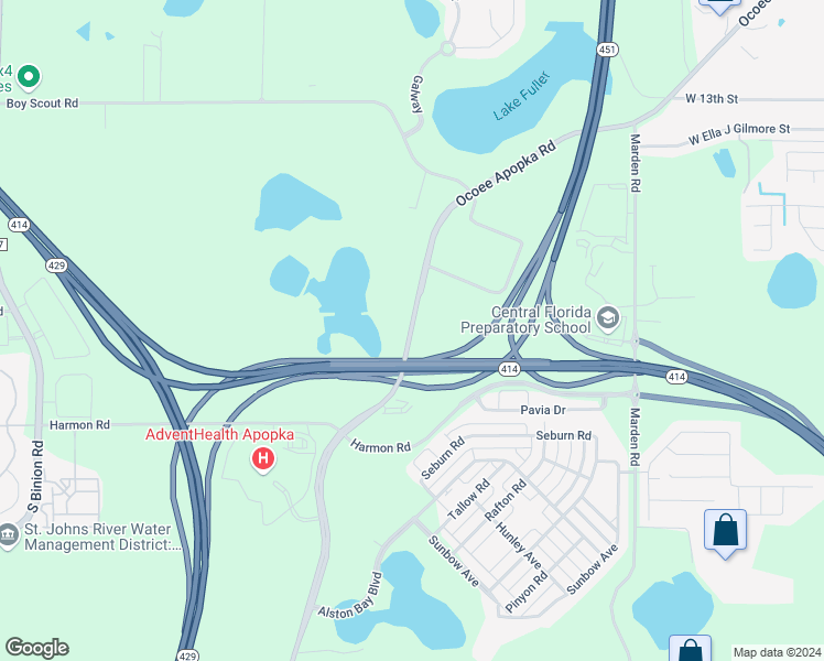 map of restaurants, bars, coffee shops, grocery stores, and more near County Road 437A in Apopka