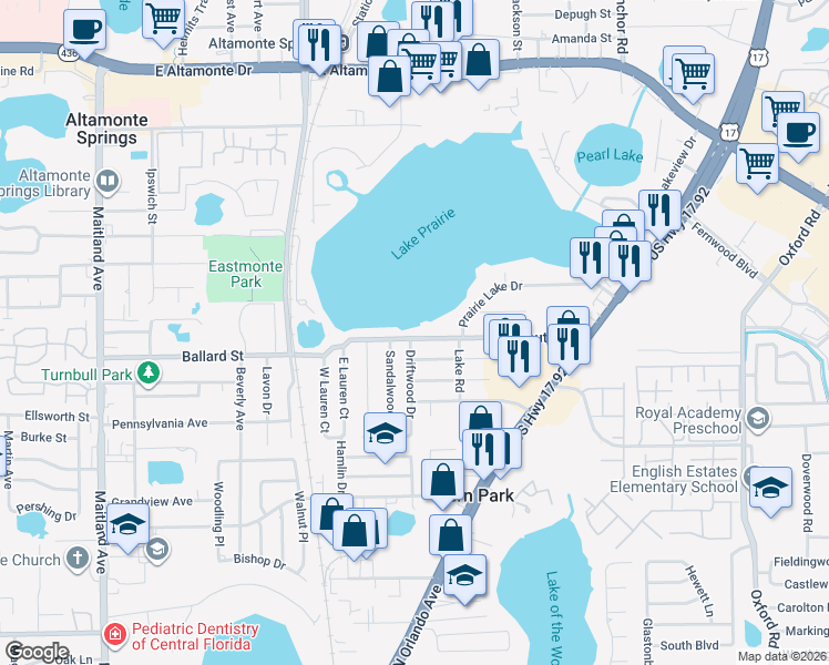 map of restaurants, bars, coffee shops, grocery stores, and more near 297 South Street in Casselberry