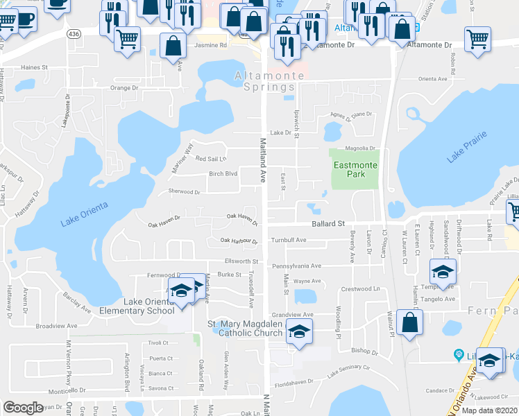 map of restaurants, bars, coffee shops, grocery stores, and more near 671 Post Oak Circle in Altamonte Springs