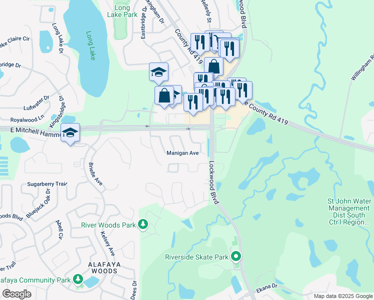 map of restaurants, bars, coffee shops, grocery stores, and more near 1061 Manigan Avenue in Oviedo