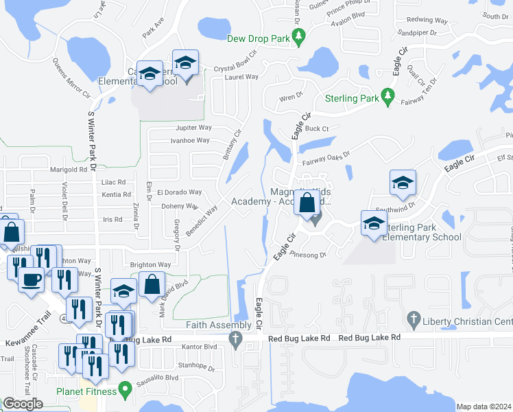 map of restaurants, bars, coffee shops, grocery stores, and more near 613 Brittany Court in Casselberry