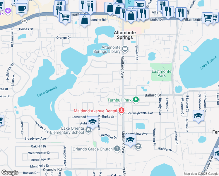 map of restaurants, bars, coffee shops, grocery stores, and more near 644 Sherwood Drive in Altamonte Springs