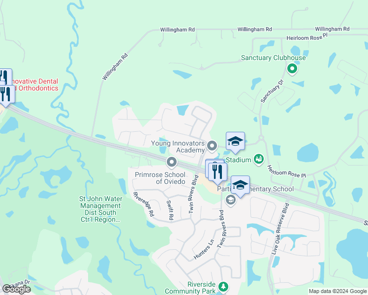 map of restaurants, bars, coffee shops, grocery stores, and more near 2887 Sweetspire Circle in Oviedo