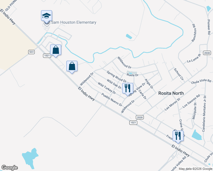map of restaurants, bars, coffee shops, grocery stores, and more near 163 Wild Turkey Drive in Eagle Pass