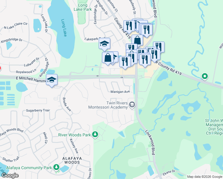 map of restaurants, bars, coffee shops, grocery stores, and more near 1048 Vernon Loop in Oviedo
