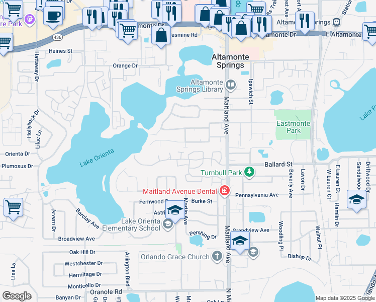 map of restaurants, bars, coffee shops, grocery stores, and more near 617 Red Oak Circle in Altamonte Springs