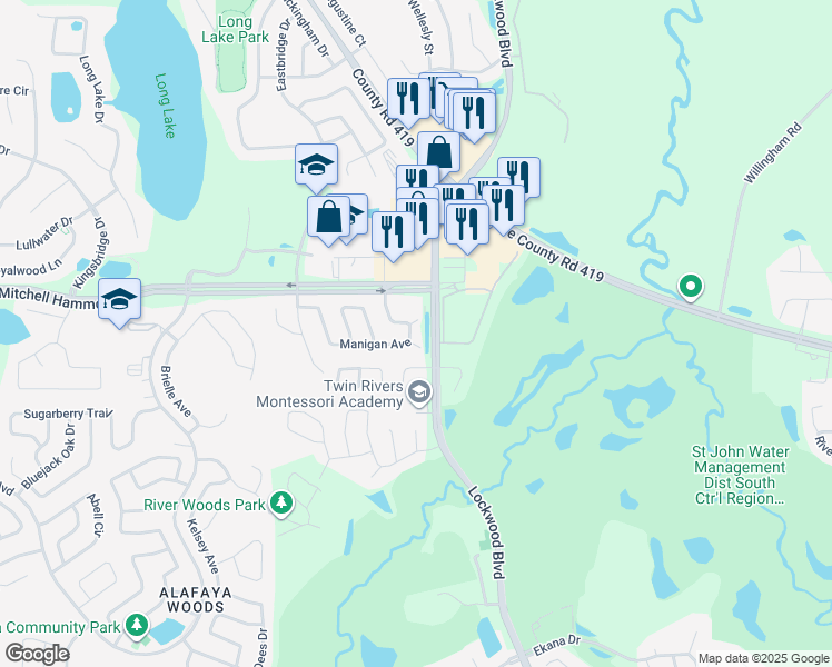 map of restaurants, bars, coffee shops, grocery stores, and more near 1034 Manigan Avenue in Oviedo
