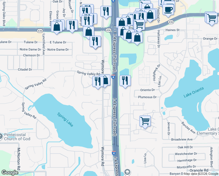 map of restaurants, bars, coffee shops, grocery stores, and more near 425 Wymore Road in Altamonte Springs