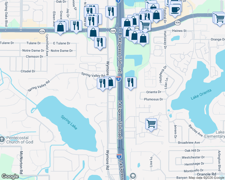 map of restaurants, bars, coffee shops, grocery stores, and more near 425 Wymore Road in Altamonte Springs