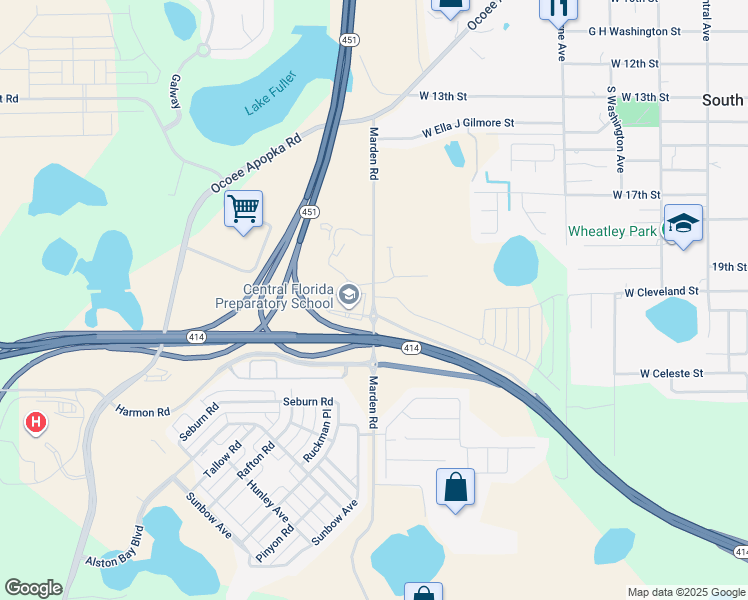 map of restaurants, bars, coffee shops, grocery stores, and more near 1501 Marden Road in Apopka