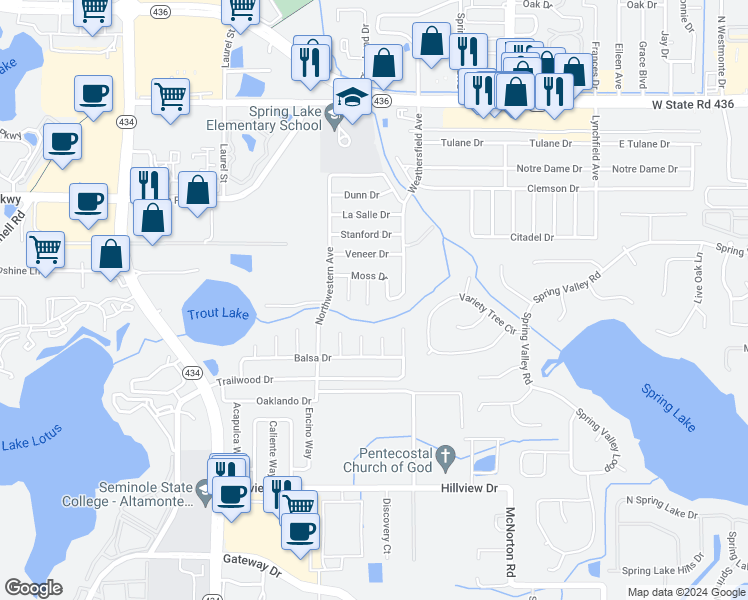 map of restaurants, bars, coffee shops, grocery stores, and more near 477 Dogwood Court in Altamonte Springs