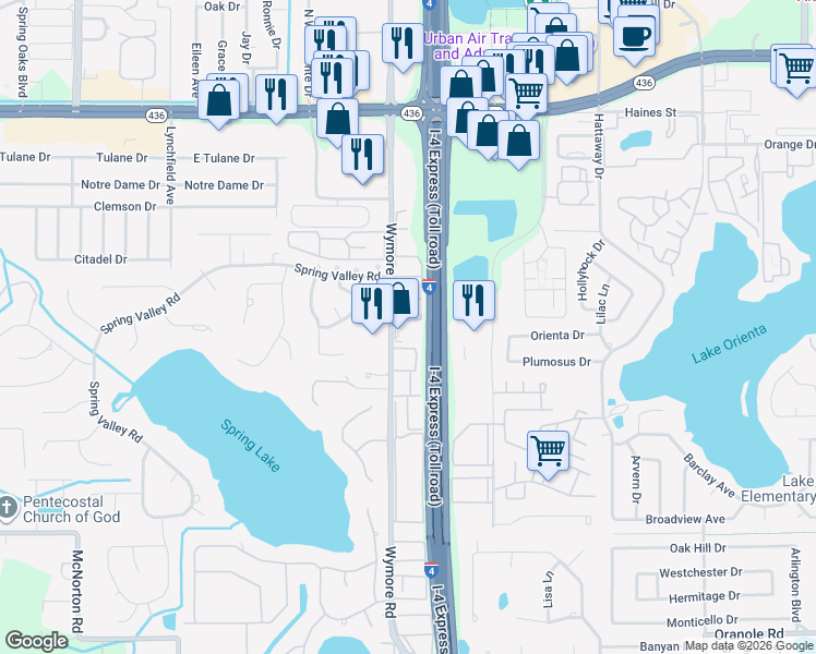 map of restaurants, bars, coffee shops, grocery stores, and more near 425 Wymore Road in Altamonte Springs