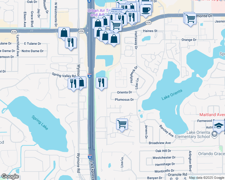 map of restaurants, bars, coffee shops, grocery stores, and more near 127 Orienta Drive in Altamonte Springs