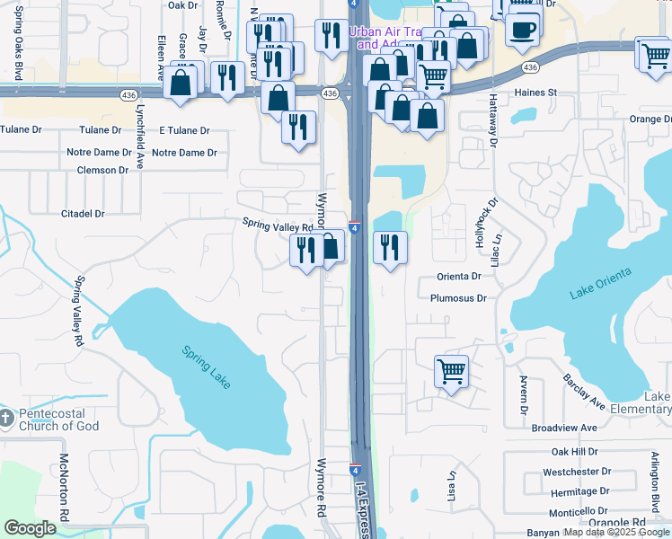 map of restaurants, bars, coffee shops, grocery stores, and more near 425 Wymore Road in Altamonte Springs