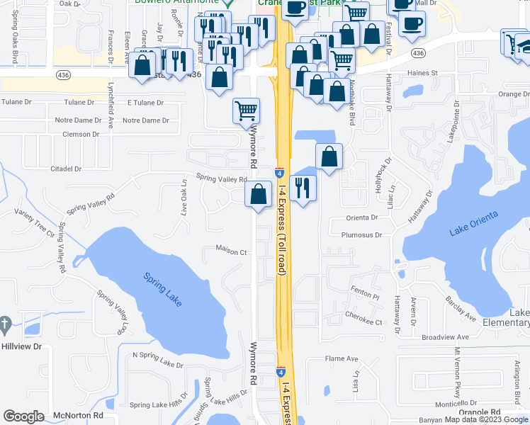 map of restaurants, bars, coffee shops, grocery stores, and more near 425 Wymore Road in Altamonte Springs