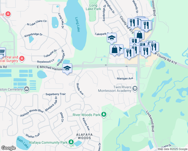 map of restaurants, bars, coffee shops, grocery stores, and more near 1005 Vannessa Drive in Oviedo