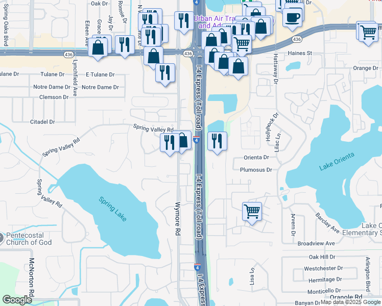 map of restaurants, bars, coffee shops, grocery stores, and more near 425 Wymore Road in Altamonte Springs
