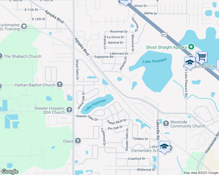 map of restaurants, bars, coffee shops, grocery stores, and more near 1241 East Cleveland Avenue in Apopka