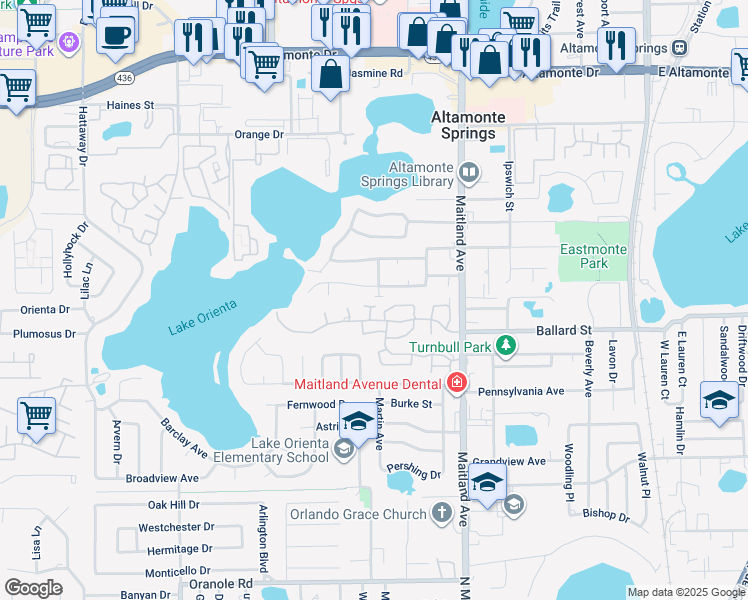 map of restaurants, bars, coffee shops, grocery stores, and more near 617 Red Oak Circle in Altamonte Springs