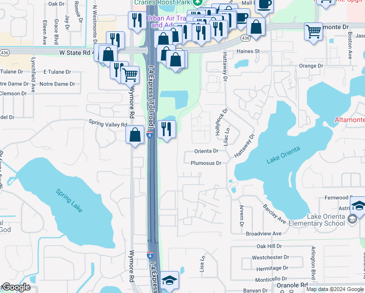 map of restaurants, bars, coffee shops, grocery stores, and more near 127 Orienta Drive in Altamonte Springs