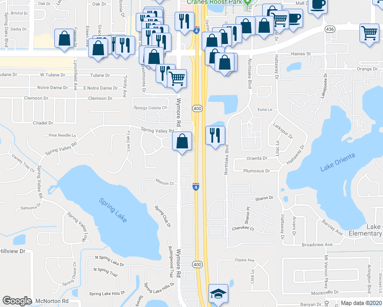 map of restaurants, bars, coffee shops, grocery stores, and more near 425 Wymore Road in Altamonte Springs