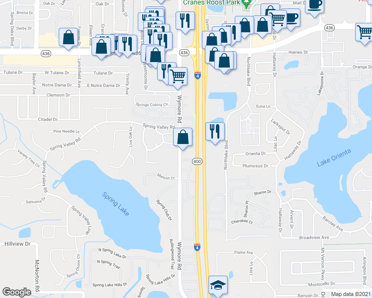 map of restaurants, bars, coffee shops, grocery stores, and more near 425 Wymore Road in Altamonte Springs