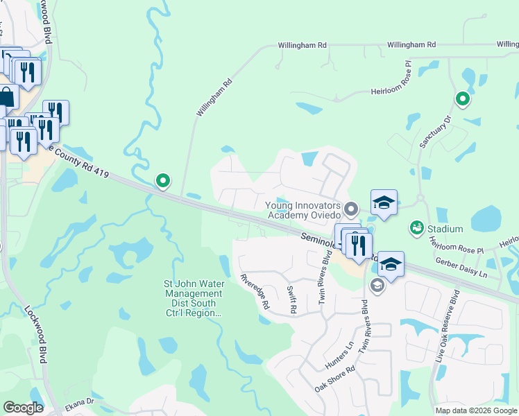map of restaurants, bars, coffee shops, grocery stores, and more near 1092 Calla Lily Cove in Oviedo