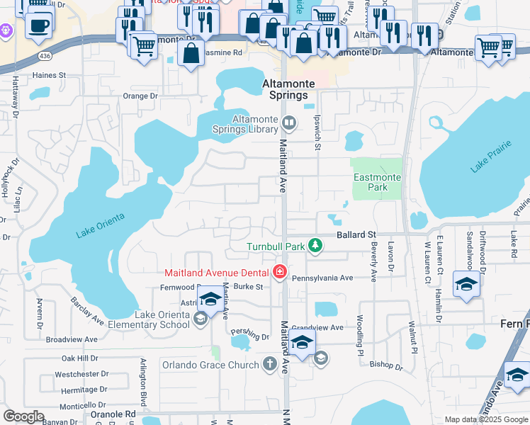 map of restaurants, bars, coffee shops, grocery stores, and more near 672 Post Oak Circle in Altamonte Springs