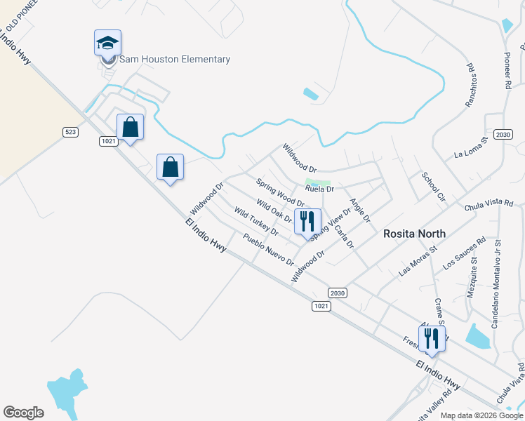 map of restaurants, bars, coffee shops, grocery stores, and more near 163 Wild Turkey Drive in Eagle Pass