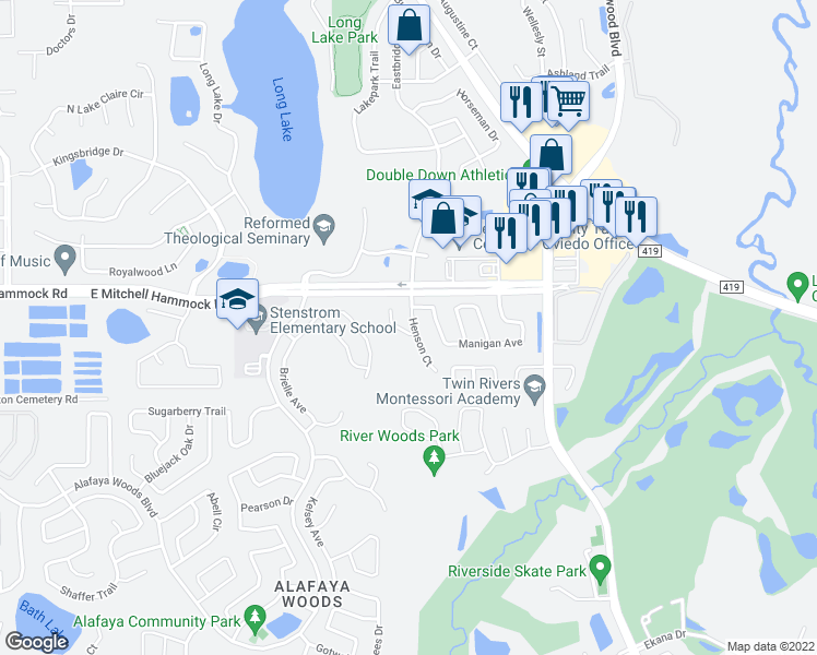 map of restaurants, bars, coffee shops, grocery stores, and more near 1014 Henson Court in Oviedo