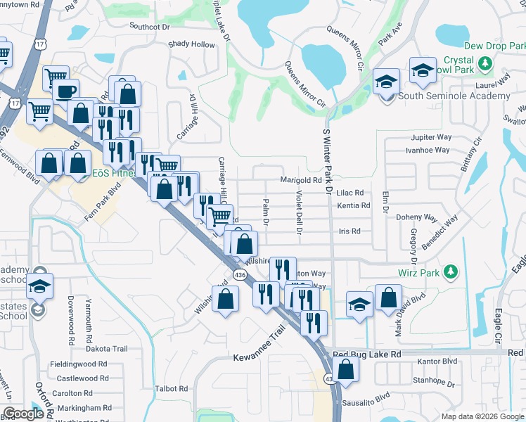 map of restaurants, bars, coffee shops, grocery stores, and more near 350 Kentia Road in Casselberry