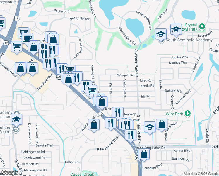 map of restaurants, bars, coffee shops, grocery stores, and more near 350 Kentia Road in Casselberry