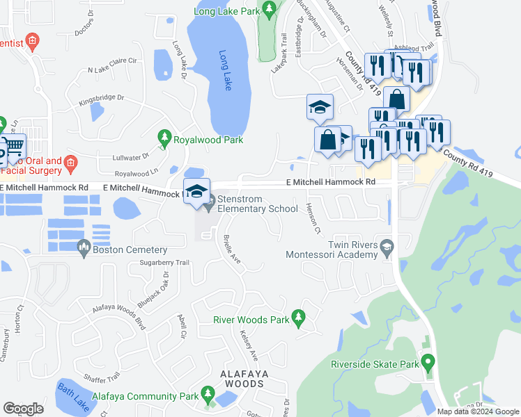 map of restaurants, bars, coffee shops, grocery stores, and more near 1005 Vannessa Drive in Oviedo