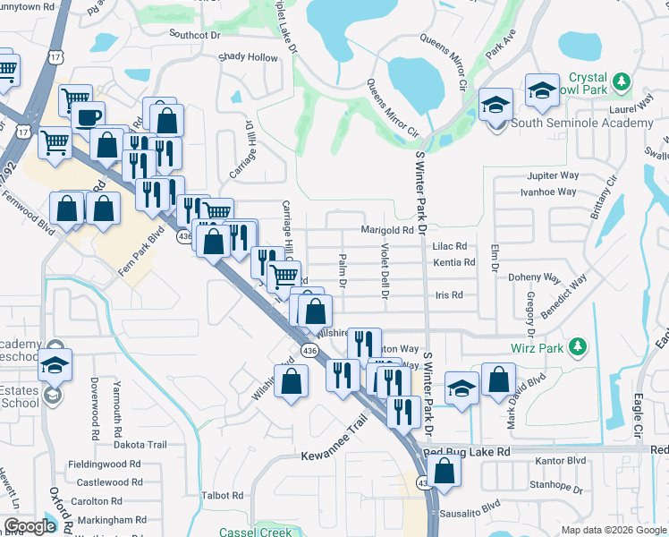 map of restaurants, bars, coffee shops, grocery stores, and more near 350 Kentia Road in Casselberry