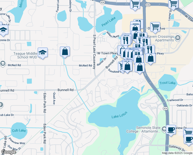 map of restaurants, bars, coffee shops, grocery stores, and more near 1054 Lake Lotus Club Drive in Altamonte Springs
